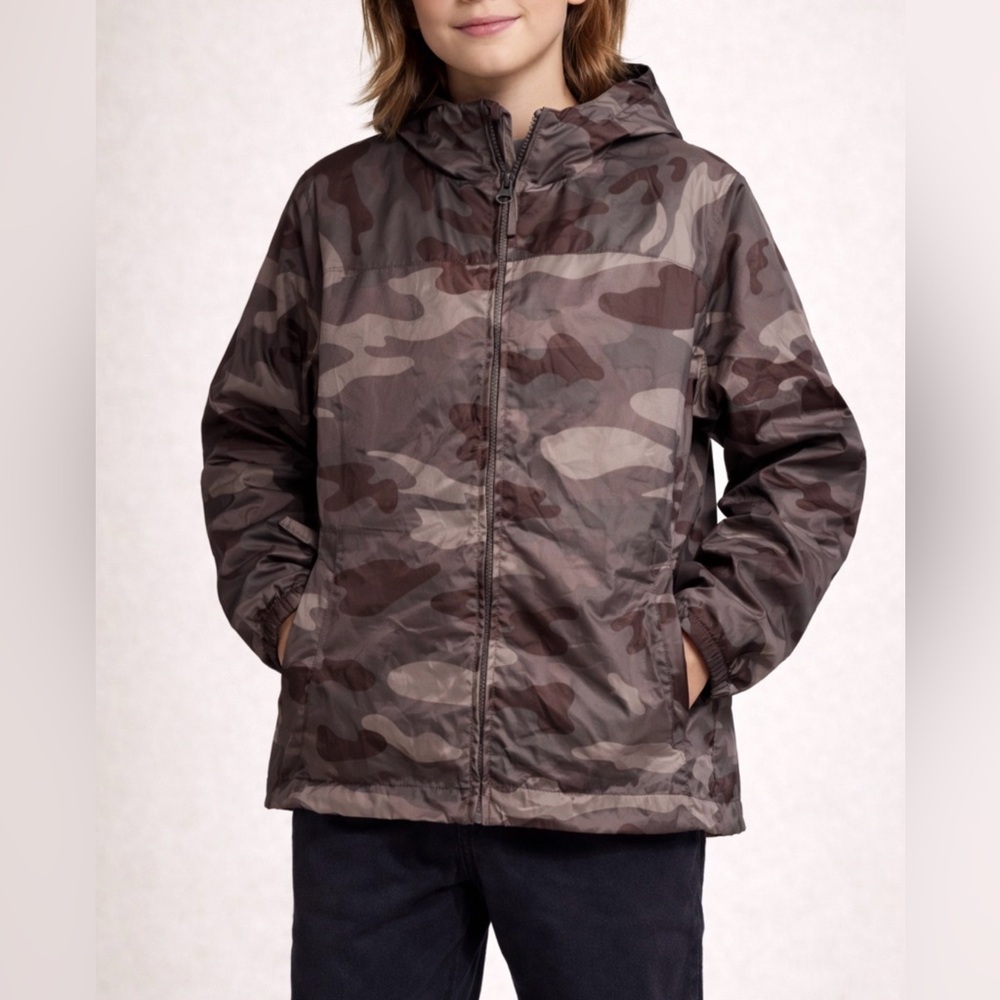 Lands’ End Youth Camo Jacket Size L 14-16 Rain Jacket Hooded Zip Coat EUC
